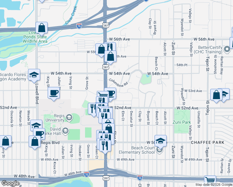 map of restaurants, bars, coffee shops, grocery stores, and more near 2876 West 53rd Avenue in Denver