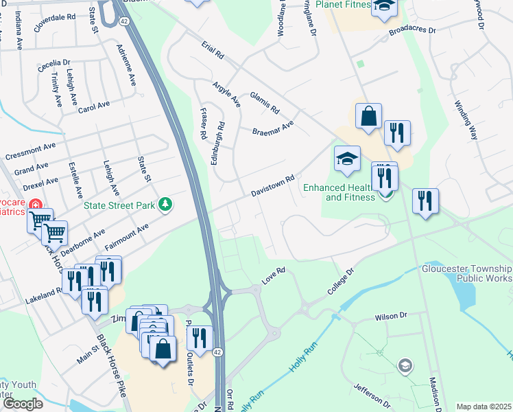 map of restaurants, bars, coffee shops, grocery stores, and more near 64 Evergreen Avenue in Gloucester Township
