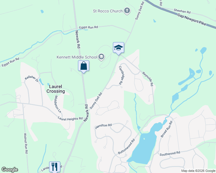 map of restaurants, bars, coffee shops, grocery stores, and more near 101 Cambridge Road in Landenberg