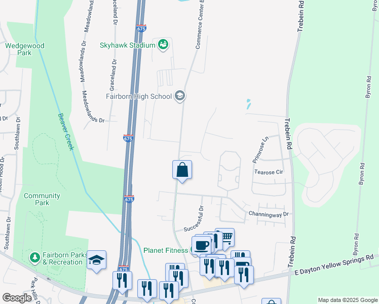 map of restaurants, bars, coffee shops, grocery stores, and more near 1750 Commerce Center Boulevard in Fairborn