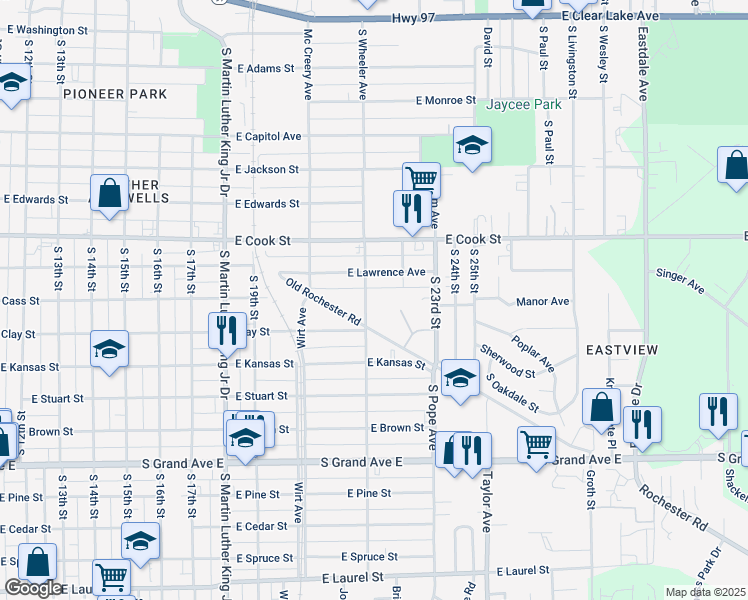 map of restaurants, bars, coffee shops, grocery stores, and more near 920 South Wheeler Avenue in Springfield