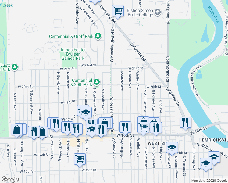 map of restaurants, bars, coffee shops, grocery stores, and more near 1909 West Kessler Boulevard North Drive in Indianapolis