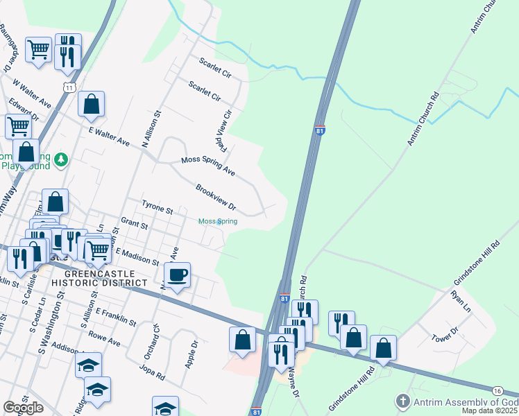 map of restaurants, bars, coffee shops, grocery stores, and more near 451 Moss Spring Avenue in Greencastle