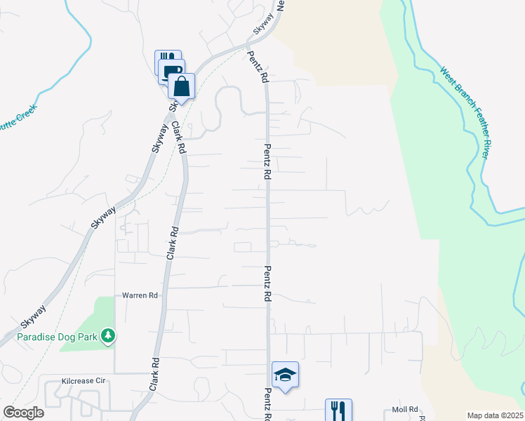 map of restaurants, bars, coffee shops, grocery stores, and more near 7109 Pentz Road in Paradise
