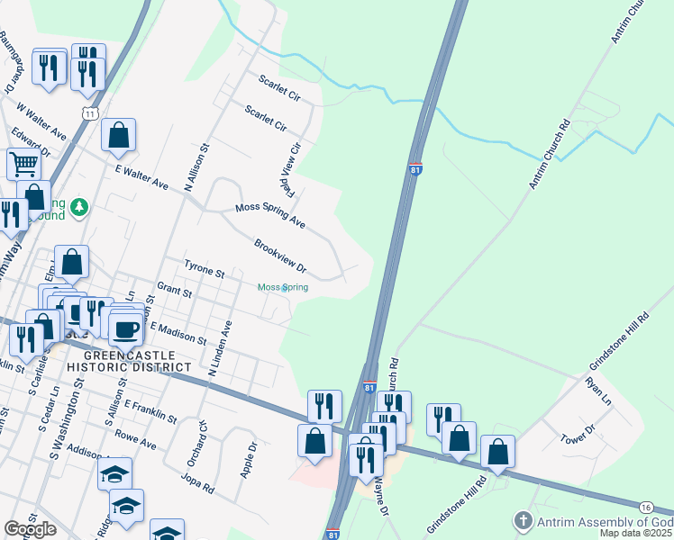 map of restaurants, bars, coffee shops, grocery stores, and more near 451 Moss Spring Avenue in Greencastle