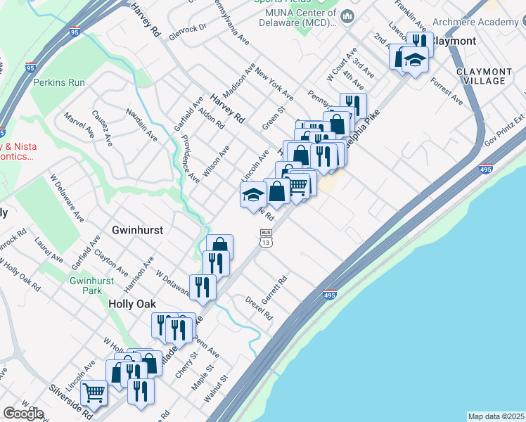 map of restaurants, bars, coffee shops, grocery stores, and more near 100 Maple Road in Claymont