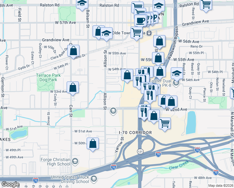 map of restaurants, bars, coffee shops, grocery stores, and more near 7797 West 52nd Avenue in Arvada