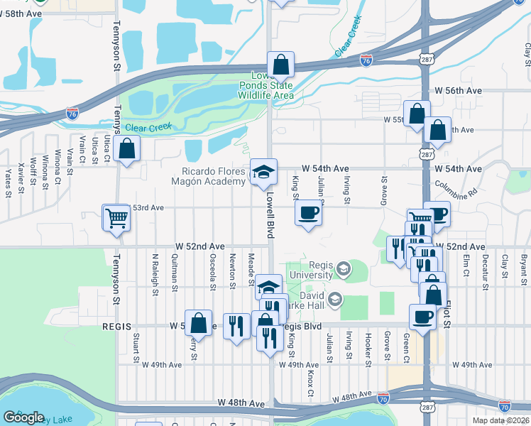 map of restaurants, bars, coffee shops, grocery stores, and more near 5242 Lowell Boulevard in Denver