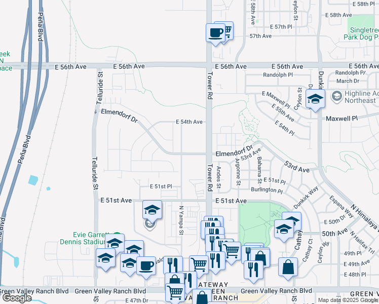 map of restaurants, bars, coffee shops, grocery stores, and more near 18333 Elmendorf Drive in Denver