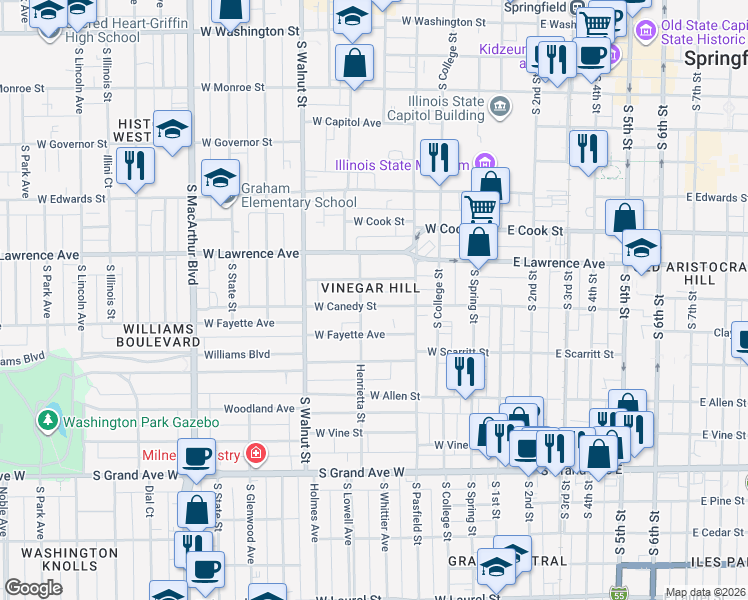map of restaurants, bars, coffee shops, grocery stores, and more near 905 Henrietta Street in Springfield