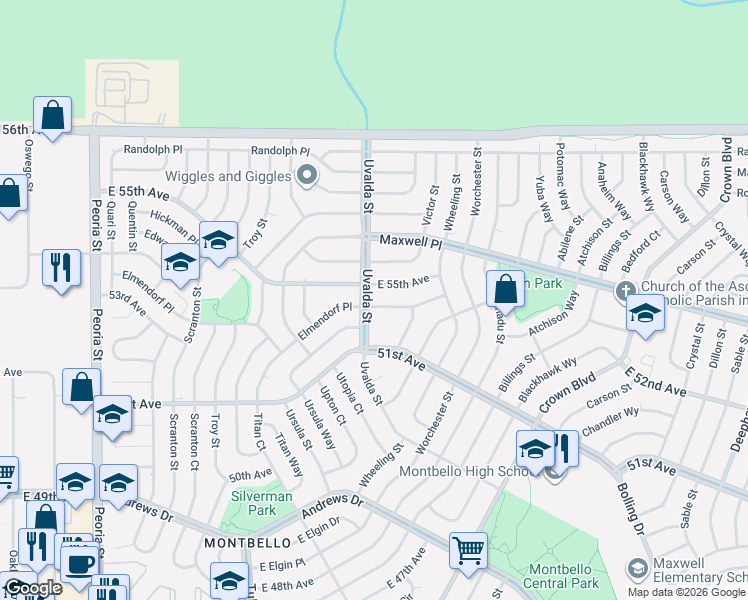 map of restaurants, bars, coffee shops, grocery stores, and more near 13165 East 51st Avenue in Denver