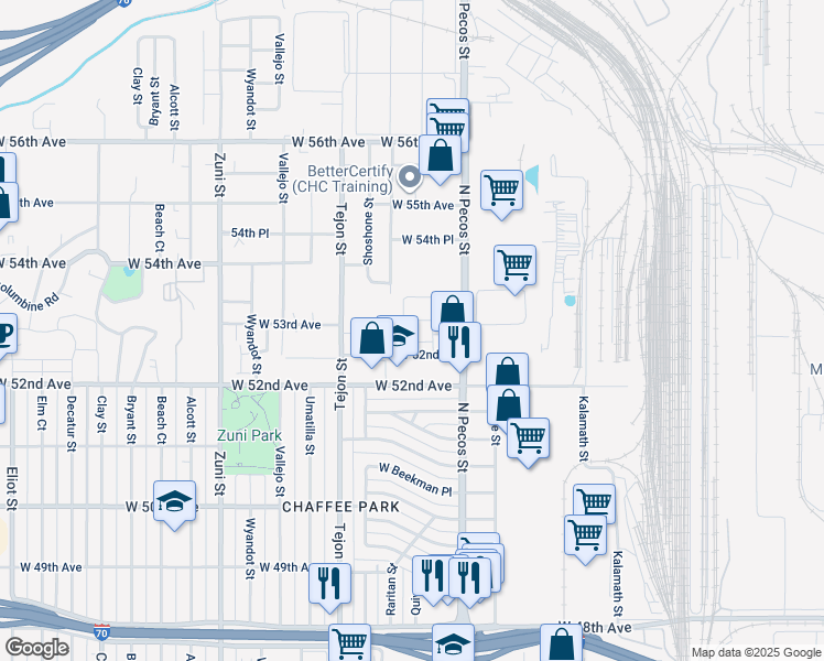 map of restaurants, bars, coffee shops, grocery stores, and more near 5260 Raritan Way in Denver