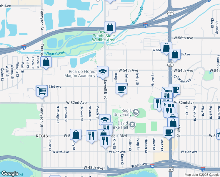 map of restaurants, bars, coffee shops, grocery stores, and more near 5242 Lowell Boulevard in Denver