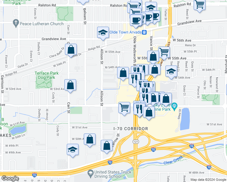 map of restaurants, bars, coffee shops, grocery stores, and more near 7781 West 52nd Avenue in Arvada