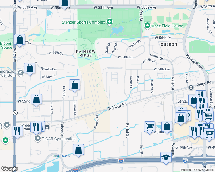 map of restaurants, bars, coffee shops, grocery stores, and more near 5111-5299 Quail Street in Arvada