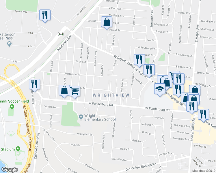 map of restaurants, bars, coffee shops, grocery stores, and more near 207 West Funderburg Road in Fairborn