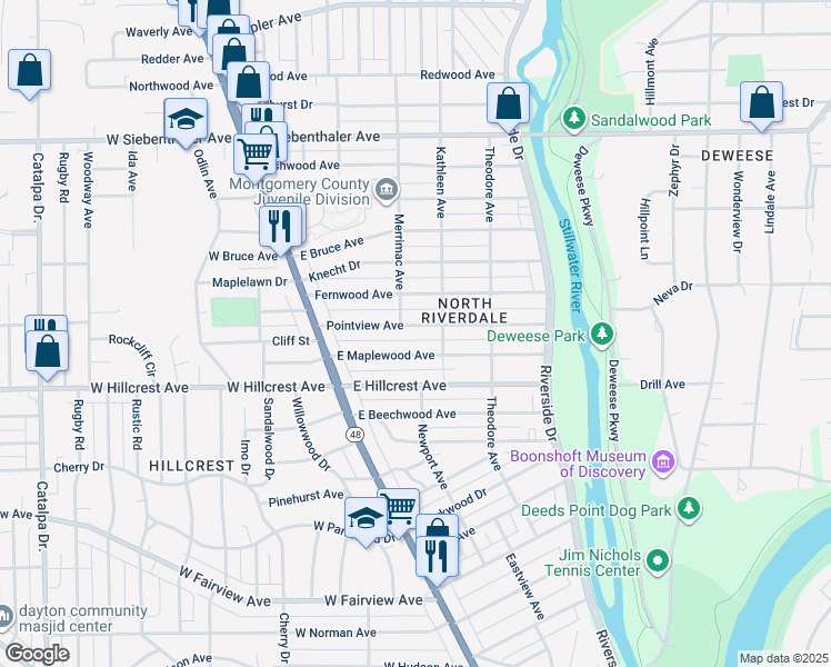 map of restaurants, bars, coffee shops, grocery stores, and more near 106 East Maplewood Avenue in Dayton