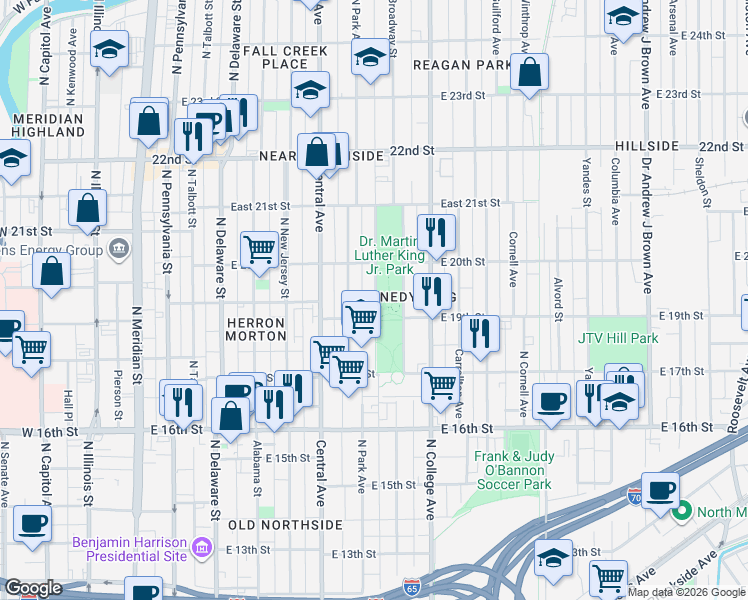 map of restaurants, bars, coffee shops, grocery stores, and more near in Indianapolis
