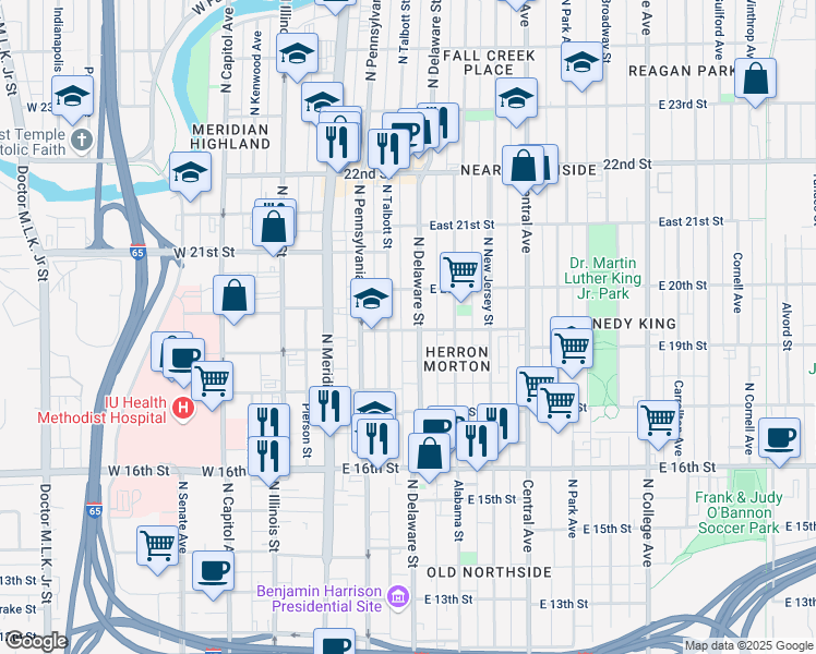 map of restaurants, bars, coffee shops, grocery stores, and more near 1836 North Delaware Street in Indianapolis