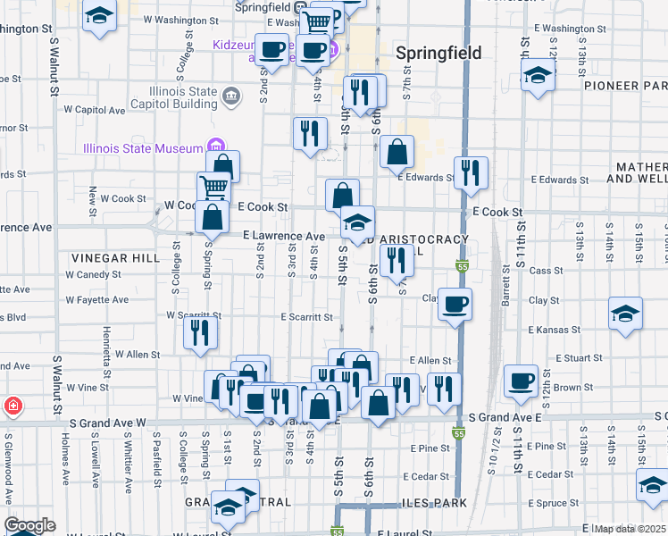 map of restaurants, bars, coffee shops, grocery stores, and more near 912 South 4th Street in Springfield