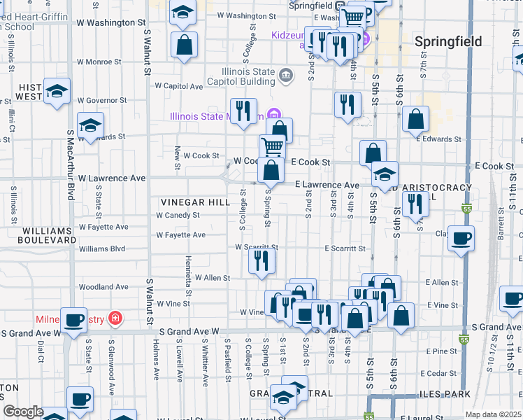 map of restaurants, bars, coffee shops, grocery stores, and more near 919 South Spring Street in Springfield