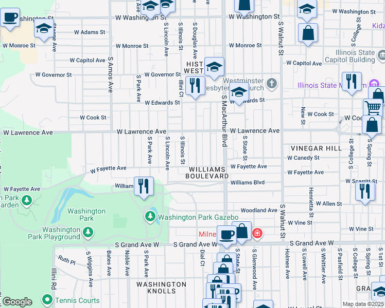 map of restaurants, bars, coffee shops, grocery stores, and more near 1129 West Fayette Avenue in Springfield