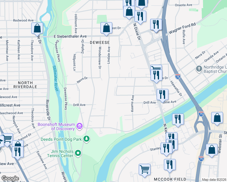 map of restaurants, bars, coffee shops, grocery stores, and more near 1902 Ontario Avenue in Dayton
