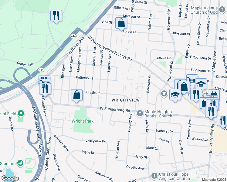 map of restaurants, bars, coffee shops, grocery stores, and more near 281 Orville Street in Fairborn