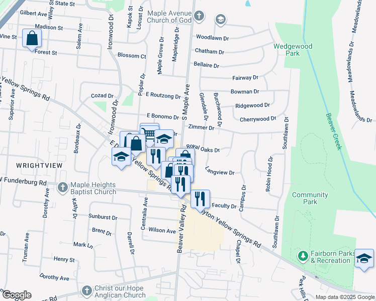 map of restaurants, bars, coffee shops, grocery stores, and more near 1805 Wildwood Terrace in Fairborn