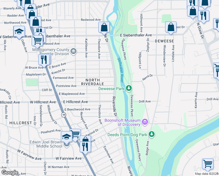 map of restaurants, bars, coffee shops, grocery stores, and more near 338 East Maplewood Avenue in Dayton