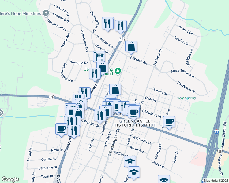 map of restaurants, bars, coffee shops, grocery stores, and more near 148 North Carlisle Street in Greencastle