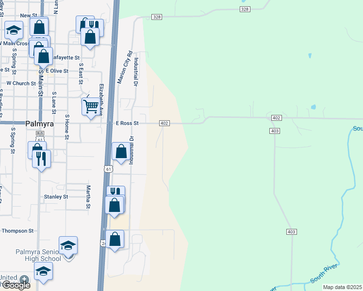map of restaurants, bars, coffee shops, grocery stores, and more near 7101 County Road 402 in Palmyra