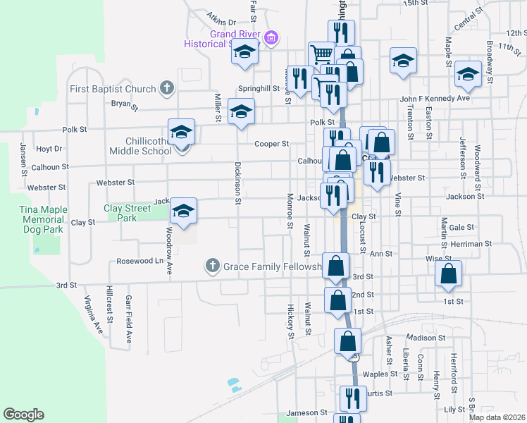 map of restaurants, bars, coffee shops, grocery stores, and more near 1119 Hogan Street in Chillicothe