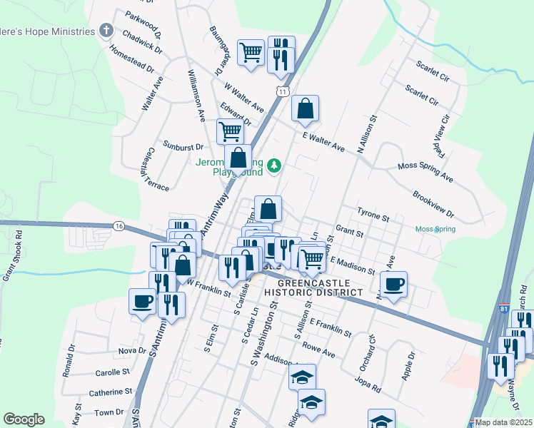 map of restaurants, bars, coffee shops, grocery stores, and more near 148 North Carlisle Street in Greencastle