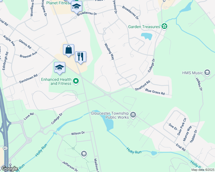 map of restaurants, bars, coffee shops, grocery stores, and more near 38 Sunset Drive in Clementon