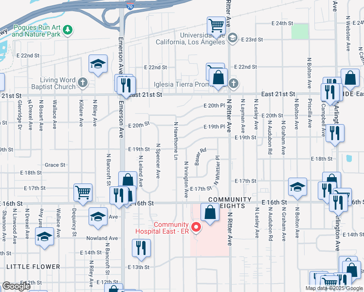 map of restaurants, bars, coffee shops, grocery stores, and more near 5321 East 19th Place in Indianapolis