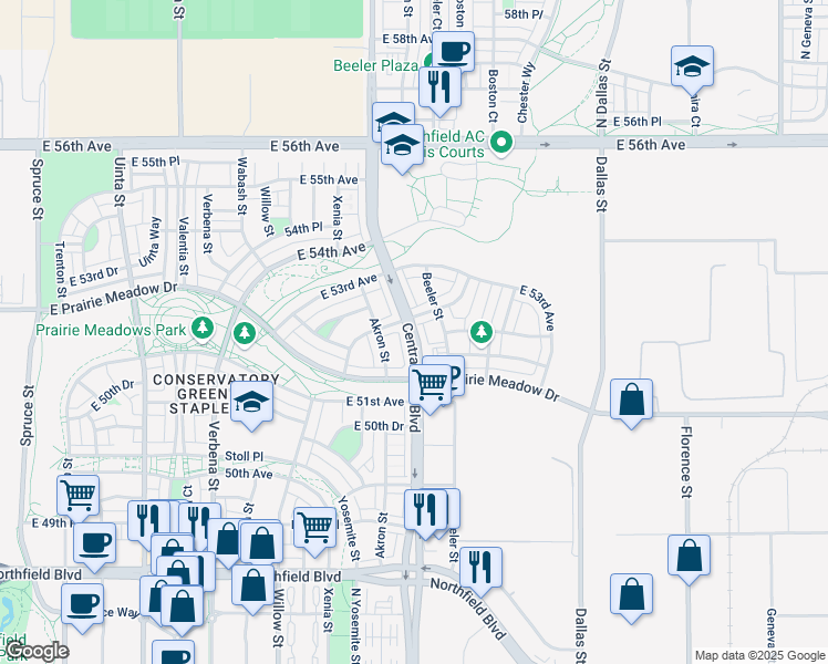 map of restaurants, bars, coffee shops, grocery stores, and more near 5229 Central Park Boulevard in Denver