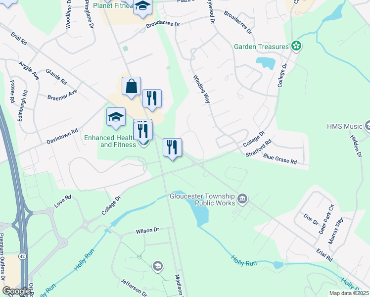 map of restaurants, bars, coffee shops, grocery stores, and more near 53 Sunset Drive in Clementon