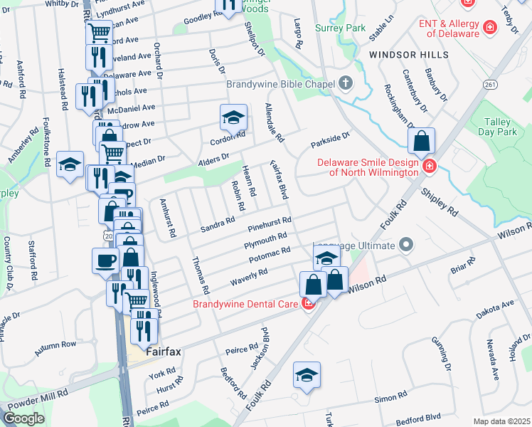 map of restaurants, bars, coffee shops, grocery stores, and more near 2203 Brookline Road in Wilmington