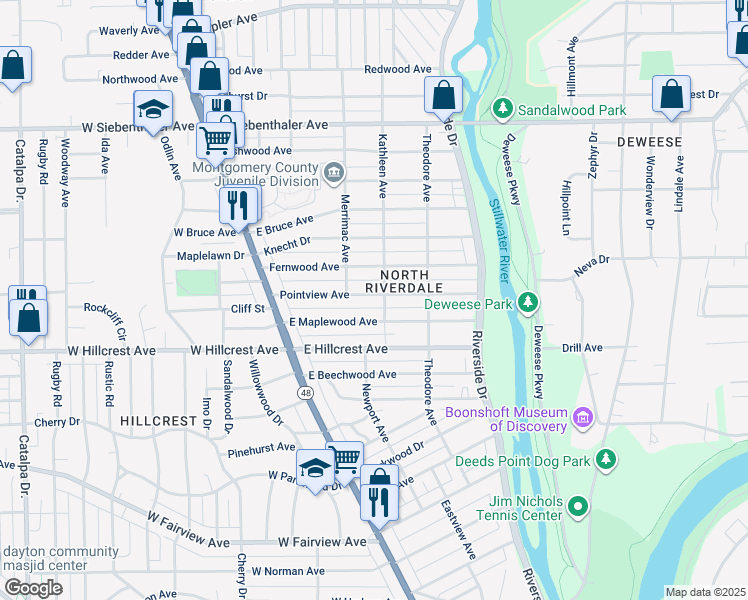 map of restaurants, bars, coffee shops, grocery stores, and more near 128 Pointview Avenue in Dayton