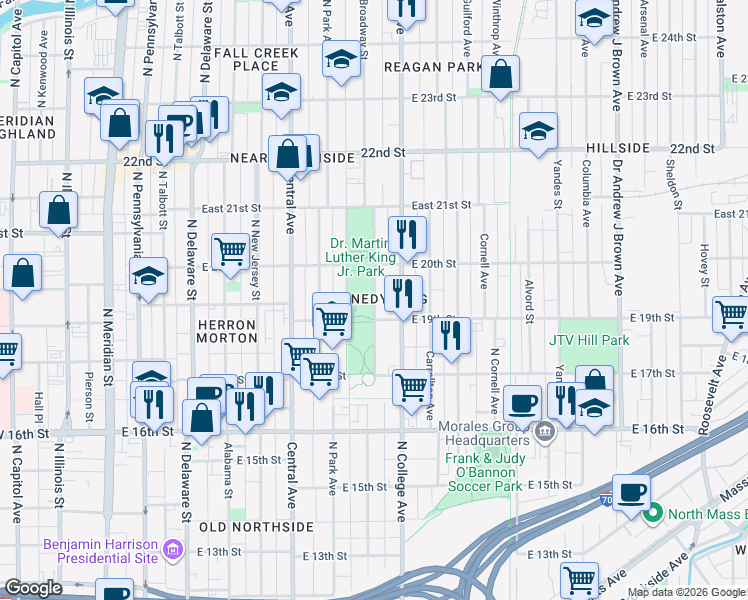 map of restaurants, bars, coffee shops, grocery stores, and more near 1927 North Broadway Street in Indianapolis