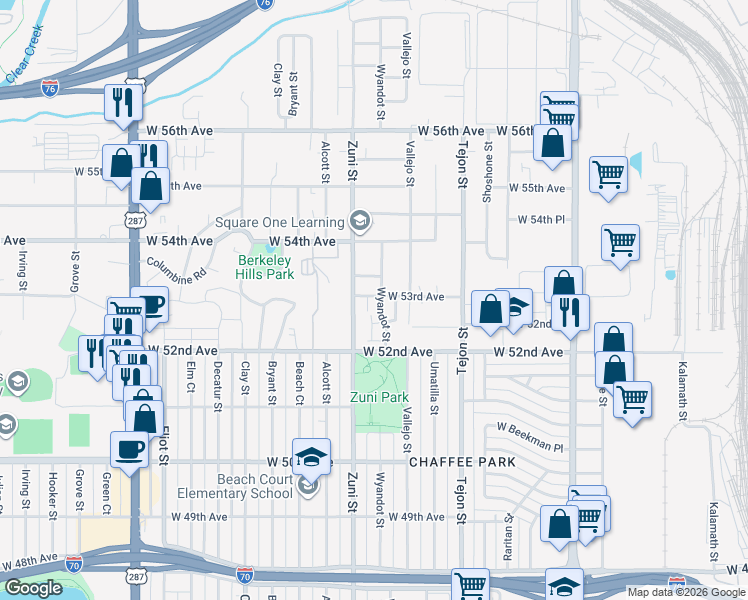 map of restaurants, bars, coffee shops, grocery stores, and more near 5291 Wyandot Street in Denver