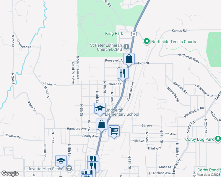 map of restaurants, bars, coffee shops, grocery stores, and more near 1001 Green Street in Saint Joseph