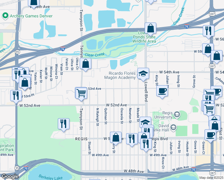 map of restaurants, bars, coffee shops, grocery stores, and more near 5295 Perry Street in Denver