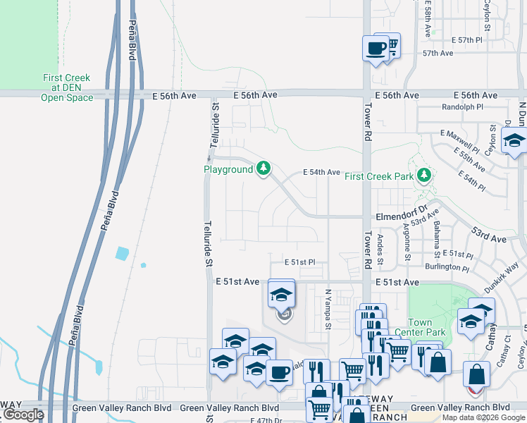 map of restaurants, bars, coffee shops, grocery stores, and more near 5336 Ventura Street in Denver