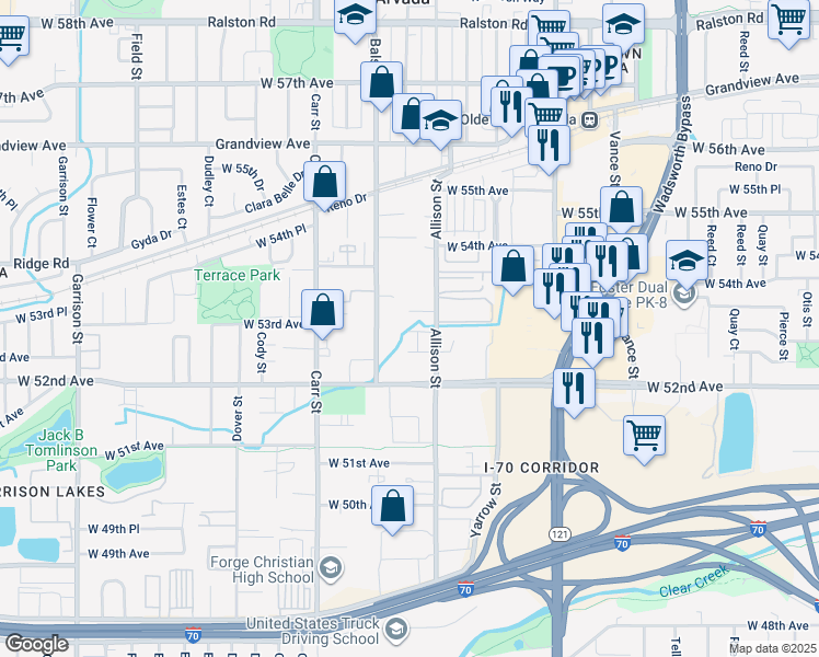 map of restaurants, bars, coffee shops, grocery stores, and more near 5325 Allison Street in Arvada