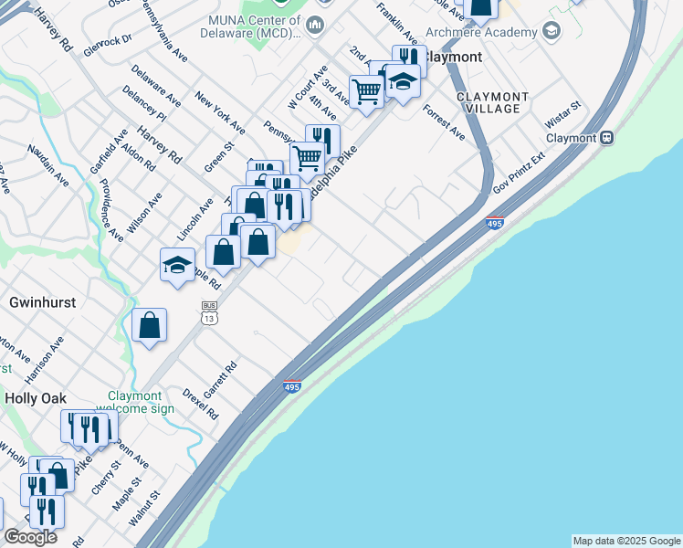 map of restaurants, bars, coffee shops, grocery stores, and more near 16 East Rivers End Drive in Claymont