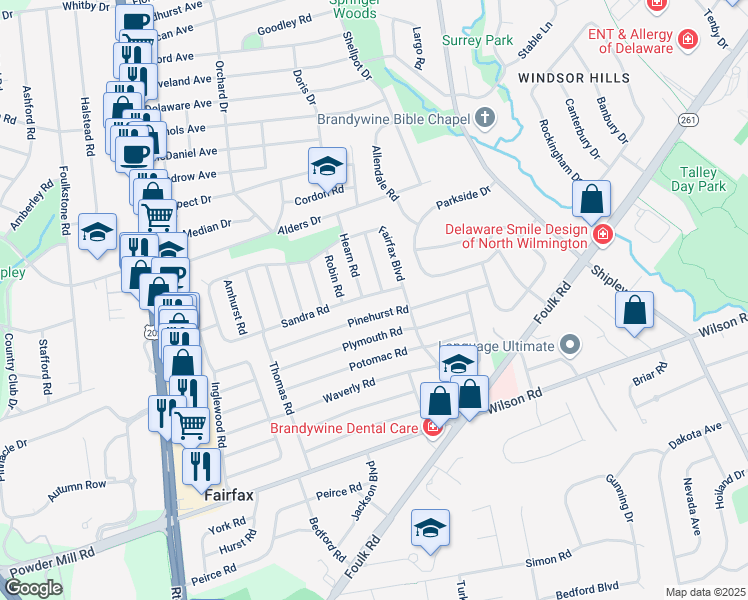 map of restaurants, bars, coffee shops, grocery stores, and more near 2203 Brookline Road in Wilmington