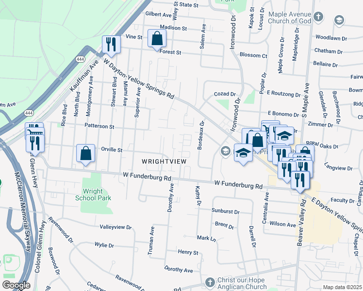 map of restaurants, bars, coffee shops, grocery stores, and more near 1800 Woodvine Street in Fairborn