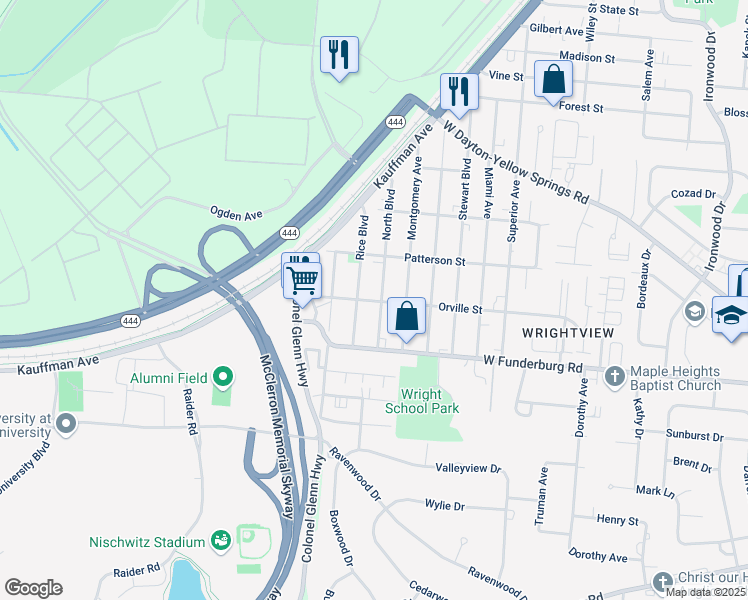 map of restaurants, bars, coffee shops, grocery stores, and more near 1830 Rice Boulevard in Fairborn